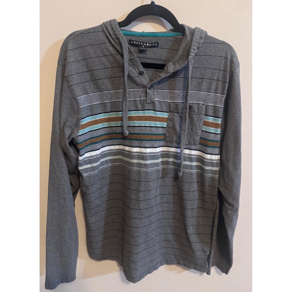 Billabong Men's 100% Cotton Y2K Skater Striped Henley Hoodie Long Sleeve M